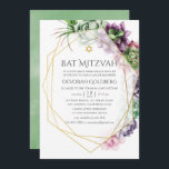 Convites Watercolor Geométrico Bat Mitzvah<br><div class="desc">Trendy suculenta o morcego de casamento mitzvah com a moldura geométrica dourada e a lavagem verde de cor d'água invertida.</div>