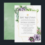 Convites Watercolor Geométrico Bat Mitzvah<br><div class="desc">Trendy suculenta o convite do morcego mitzvah com moldura geométrica dourada e lavagem verde-aquarela sage inversa.</div>