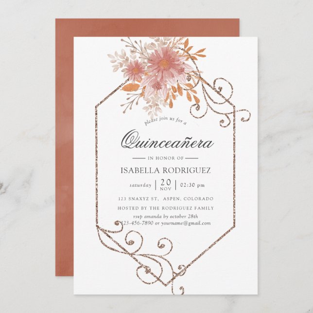 Convites Watercolor Geométrico Terracotta Quinceañera (Frente/Verso)