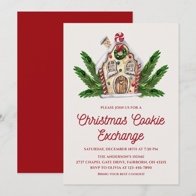 Convites Watercolor Gingerbread House Cookie Exchange Party (Frente/Verso)