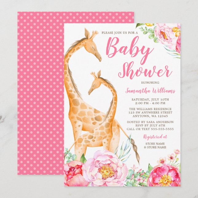 Convites Watercolor Giraffe Girl Baby Shower Invants (Frente/Verso)