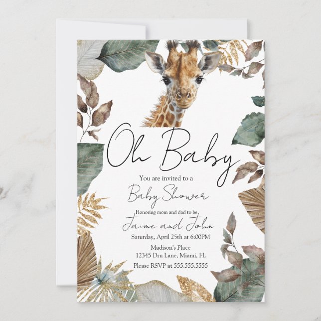 Convites Watercolor Giraffe Wild Baby Shower (Frente)
