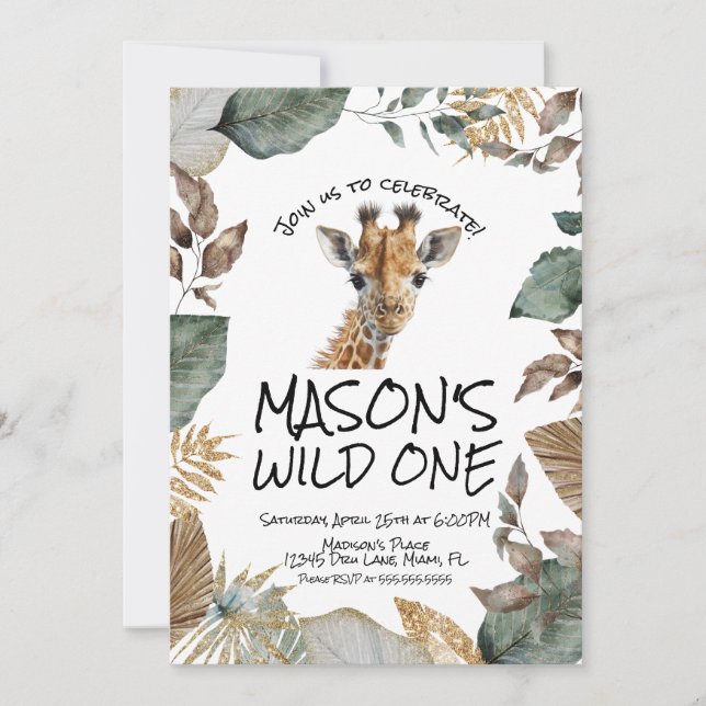 Convites Watercolor Giraffe Wild  First Birthday (Frente)