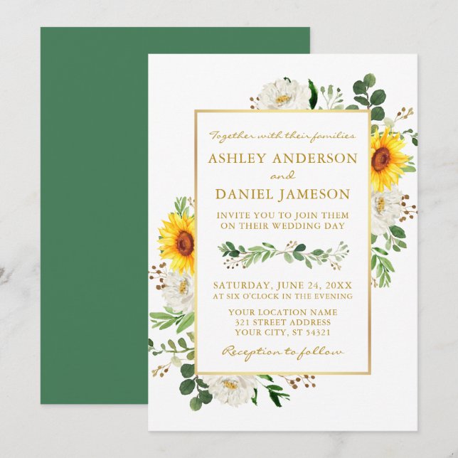 Convites Watercolor Girassóis Flores Brancas Casamento Flor (Frente/Verso)