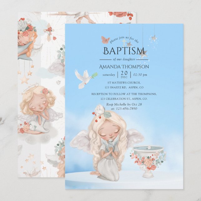 Convites Watercolor Girl Angel Baptism (Frente/Verso)