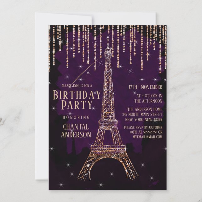 Convites Watercolor Glitter Paris Eiffel Tower Par de Anive (Frente)