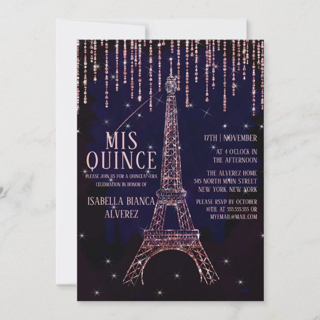 Convites Watercolor Glitter Paris Eiffel Tower Quinceañera (Frente)