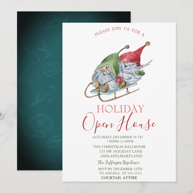 Convites Watercolor Gnomos Sleigh Open House (Frente/Verso)