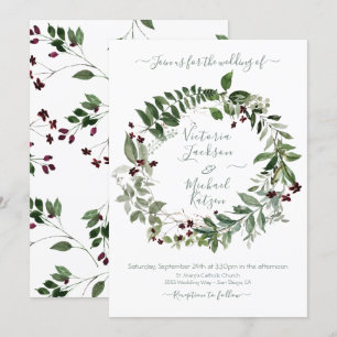 Convites Watercolor Green Burgundy Floral Wedding Wreath