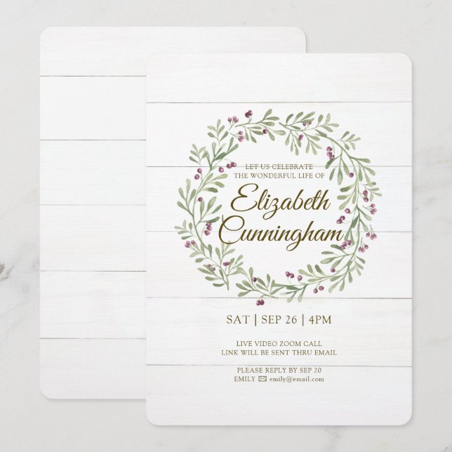 Convites Watercolor Green Foliage Berries Virtual Memorial (Frente/Verso)