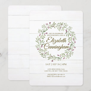 Convites Watercolor Green Foliage Berries Virtual Memorial