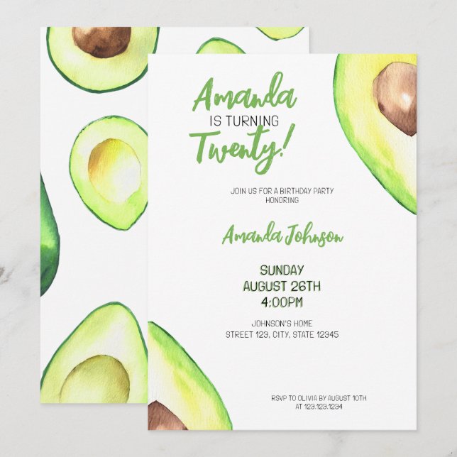 Convites Watercolor Green Girly Avocado Birthday (Frente/Verso)