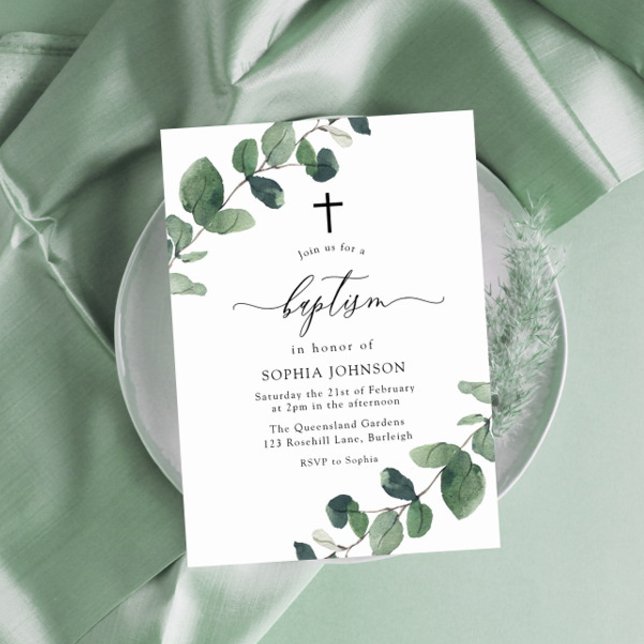 Convites Watercolor Green Leaf Baptism Cross (Criador carregado)