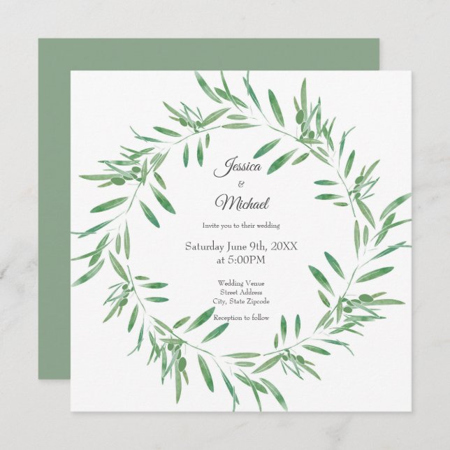 Convites Watercolor Green Olive Wreath (Frente/Verso)
