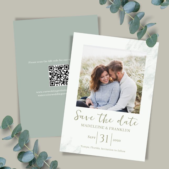 Convites Watercolor Green Salva o Casamento de Fotografia d (Green watercolor elegant photo card template.)