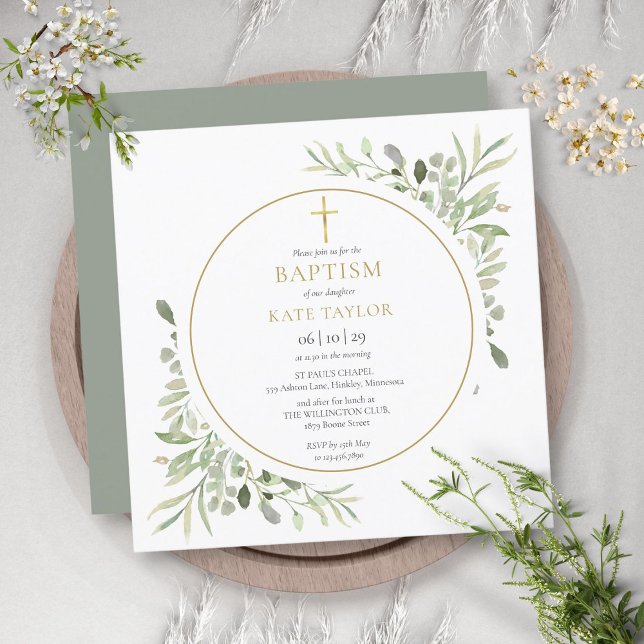 Convites Watercolor Greenerage Foliage Baptism Christening (Criador carregado)