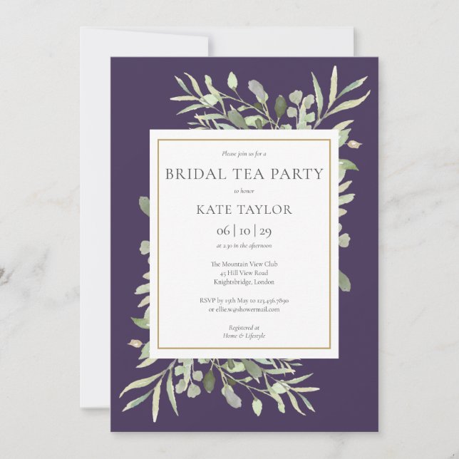 Convites Watercolor Greenerescer Purple Bridal Tea Party (Frente)