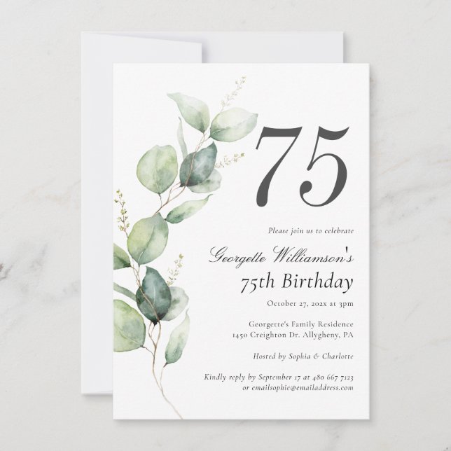 Convites Watercolor Greenery 75th Birthday Script (Frente)