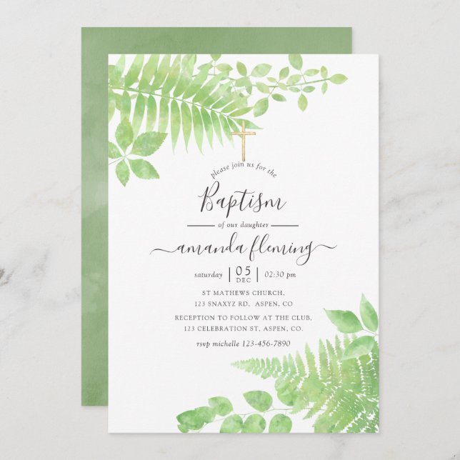 Convites Watercolor Greenery Baptism (Frente/Verso)