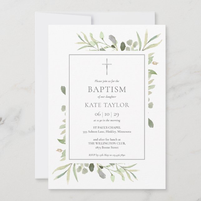 Convites Watercolor Greenery Baptism Christening (Frente)