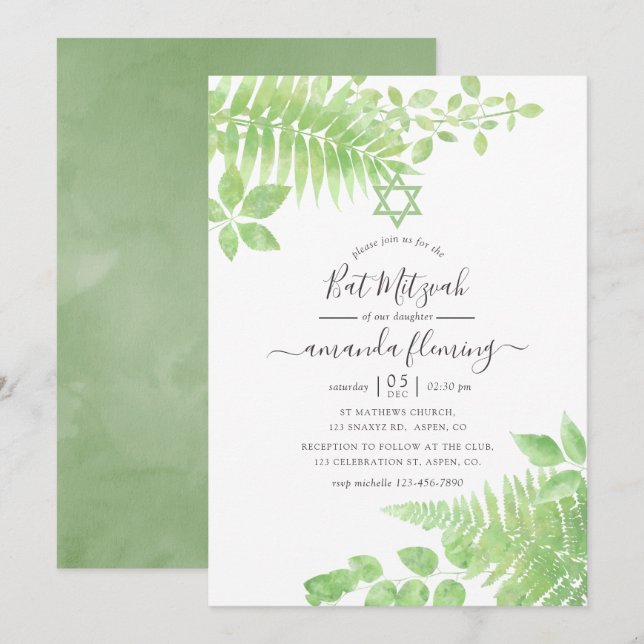 Convites Watercolor Greenery Bat Mitzvah (Frente/Verso)