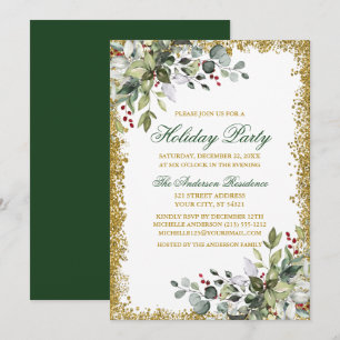 Convites Watercolor Greenery Berries Feriado Dourado com Gl