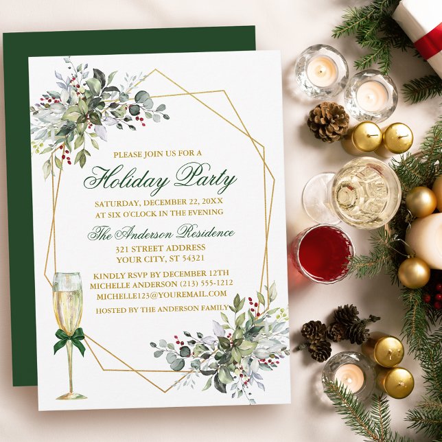 Convites Watercolor Greenery Berries Feriado Dourado Verde (Customize to change text color, size, style or to change color of back of card.)