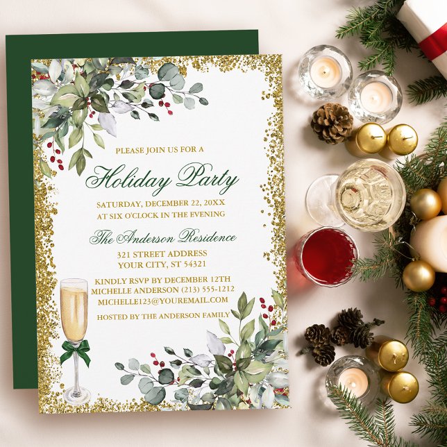 Convites Watercolor Greenery Berries Feriado Glitter (Customize to change text color, size, style or to change color of back of card.)