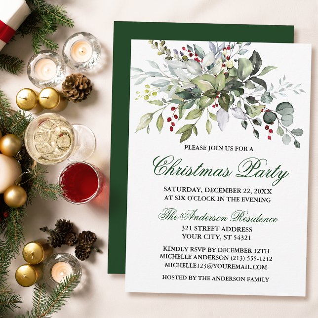 Convites Watercolor Greenery Berries Festa de Natal (Customize to change text color, size, style or to change color of back of card.)