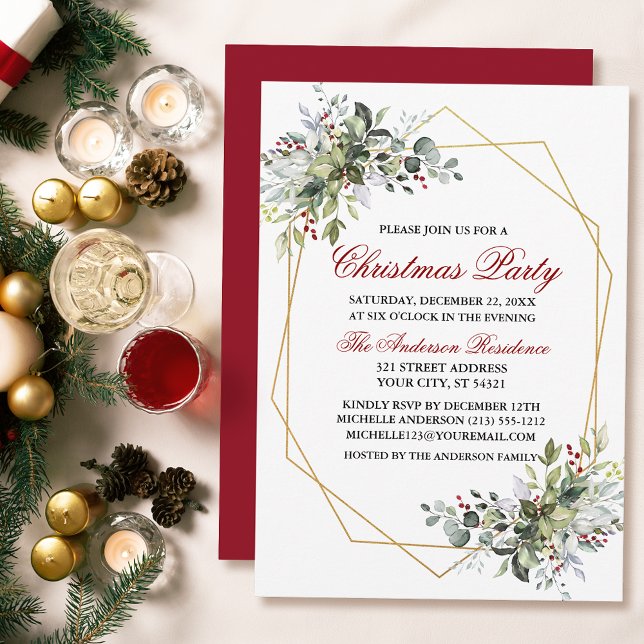 Convites Watercolor Greenery Berries Festa de Natal Red (Customize to change text color, size, style or to change color of back of card.)