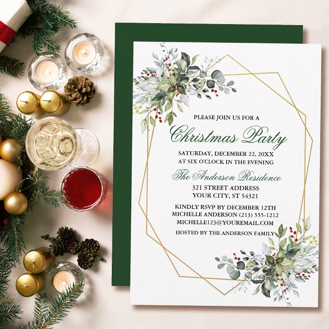 Convites Watercolor Greenery Berries Festa Dourada de Natal (Customize to change text color, size, style or to change color of back of card.)