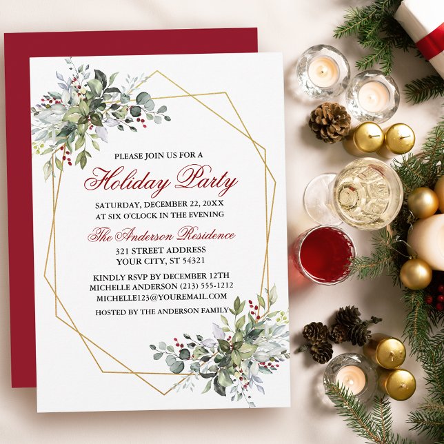 Convites Watercolor Greenery Berries Foliday Party Red (Customize to change text color, size, style or to change color of back of card.)