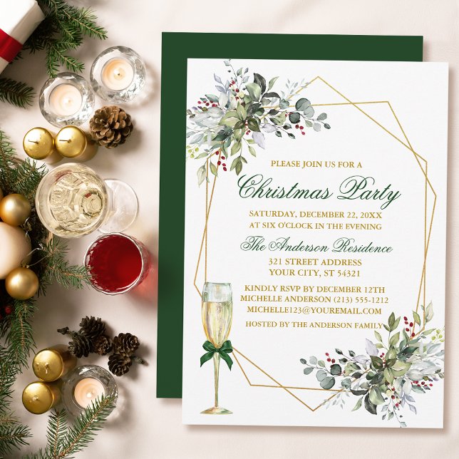 Convites Watercolor Greenery Berries Natal Dourado Verde (Customize to change text color, size, style or to change color of back of card.)