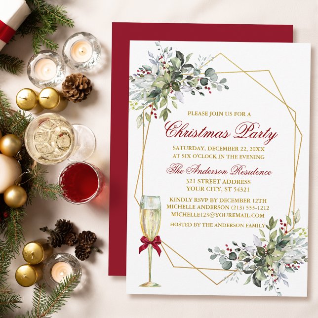 Convites Watercolor Greenery Berries Natal Dourado Vermelho (Customize to change text color, size, style or to change color of back of card.)