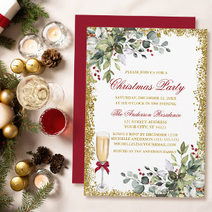 Convites Watercolor Greenery Berries Red Christmas Party