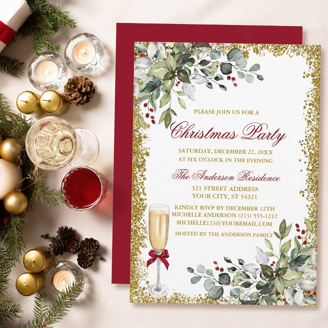 Convites Watercolor Greenery Berries Red Christmas Party (Customize to change text color, size, style or to change color of back of card.)