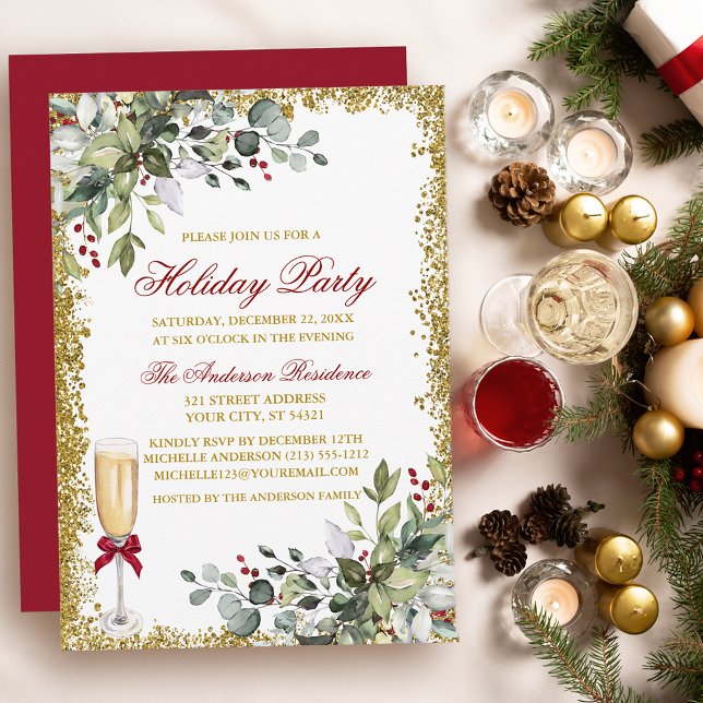 Convites Watercolor Greenery Berries Red Holiday Party (Customize to change text color, size, style or to change color of back of card.)