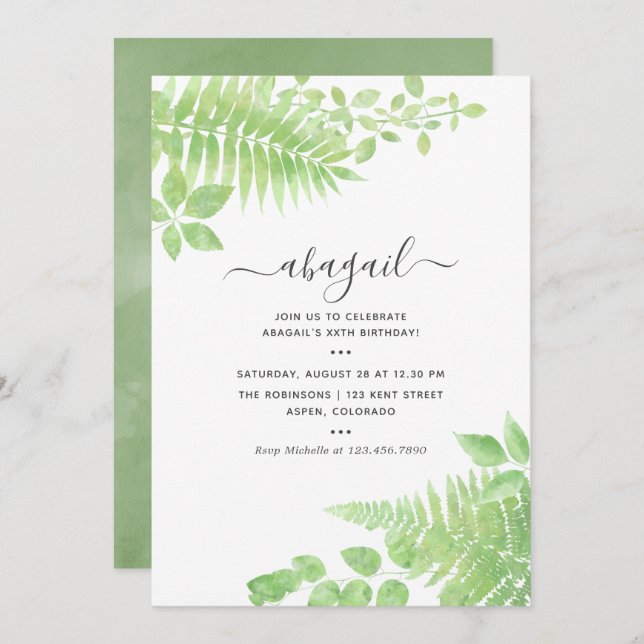 Convites Watercolor Greenery Birthday (Frente/Verso)