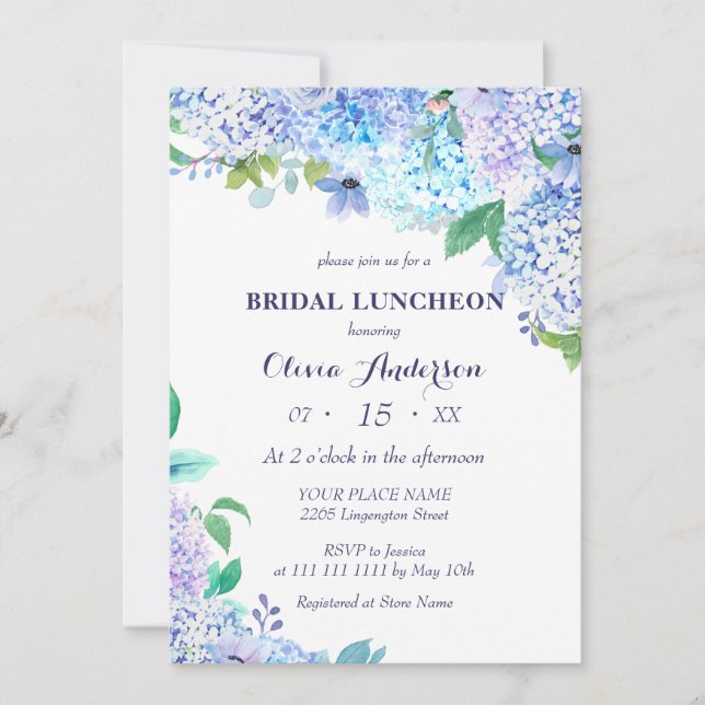 Convites Watercolor Greenery Blue Hydrangea Bridal Luncheon (Frente)