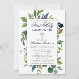 Convites Watercolor Greenery Blue Primeira Comunhão Santa