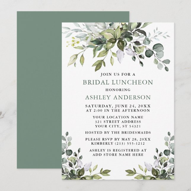 Convites Watercolor Greenery Bridal Luncheon Sage Green (Frente/Verso)