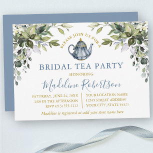 Convites Watercolor Greenery Bridal Tea Party Dusty Blue