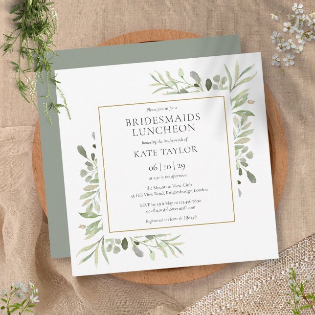 Convites Watercolor Greenery Bridesmaids Luncheon Square (Criador carregado)