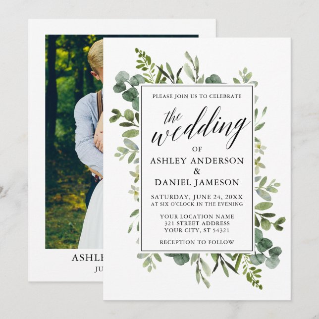 Convites Watercolor Greenery Calliografia Foto de Casamento (Frente/Verso)