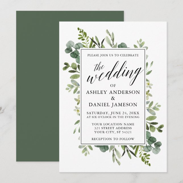 Convites Watercolor Greenery Calliografia Sage Wedding (Frente/Verso)