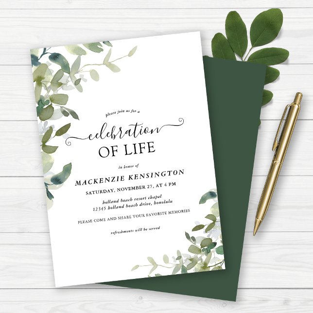Convites Watercolor Greenery Celebration of Life Memorial (Watercolor Greenery Celebration of Life Memorial Invitation)