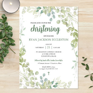 Convites Watercolor Greenery Christening Baby