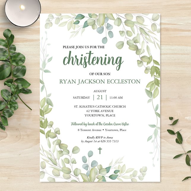 Convites Watercolor Greenery Christening Baby (Watercolor Greenery Christening Baby Invitation)