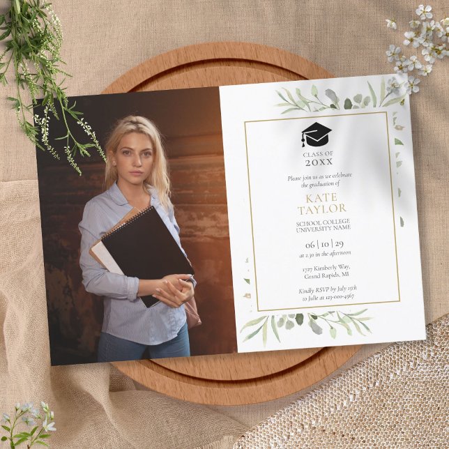 Convites Watercolor Greenery Deixa Foto Festa de formatura (Criador carregado)