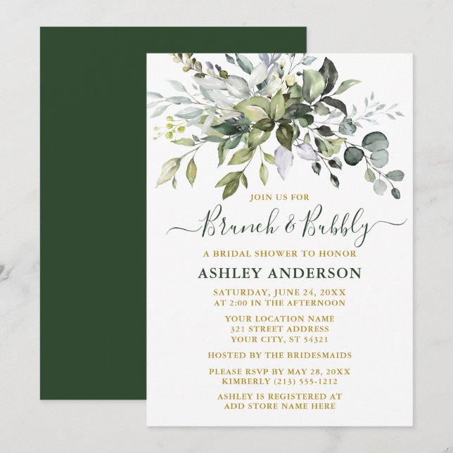 Convites Watercolor Greenery Dourado Bridal Brunch (Frente/Verso)